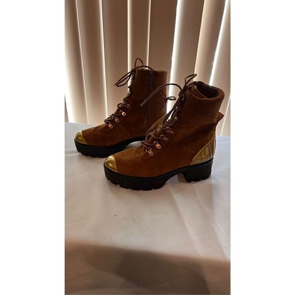 Michael Kors womens Suede Leather Chunky Heel Ankle Boots Brown Gold Size 9.5 - Picture 6 of 15